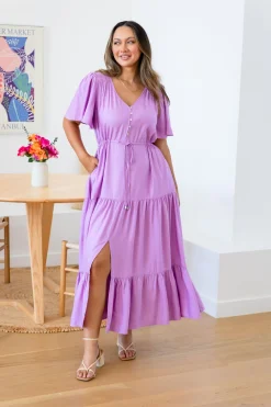 Proud Poppy Clothing Bonnie Linen Blend Dress in Berry Fashion
