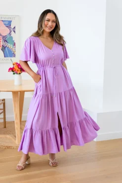 Proud Poppy Clothing Bonnie Linen Blend Dress in Berry Fashion