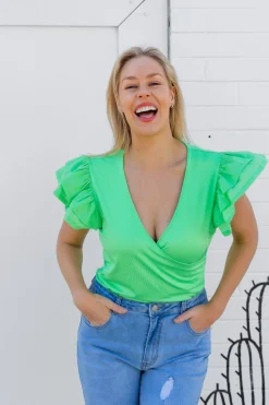 Proud Poppy Clothing Clara Frill Sleeve Top in Green Discount