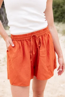 Proud Poppy Clothing Harlow Linen Blend Shorts in Rust Hot