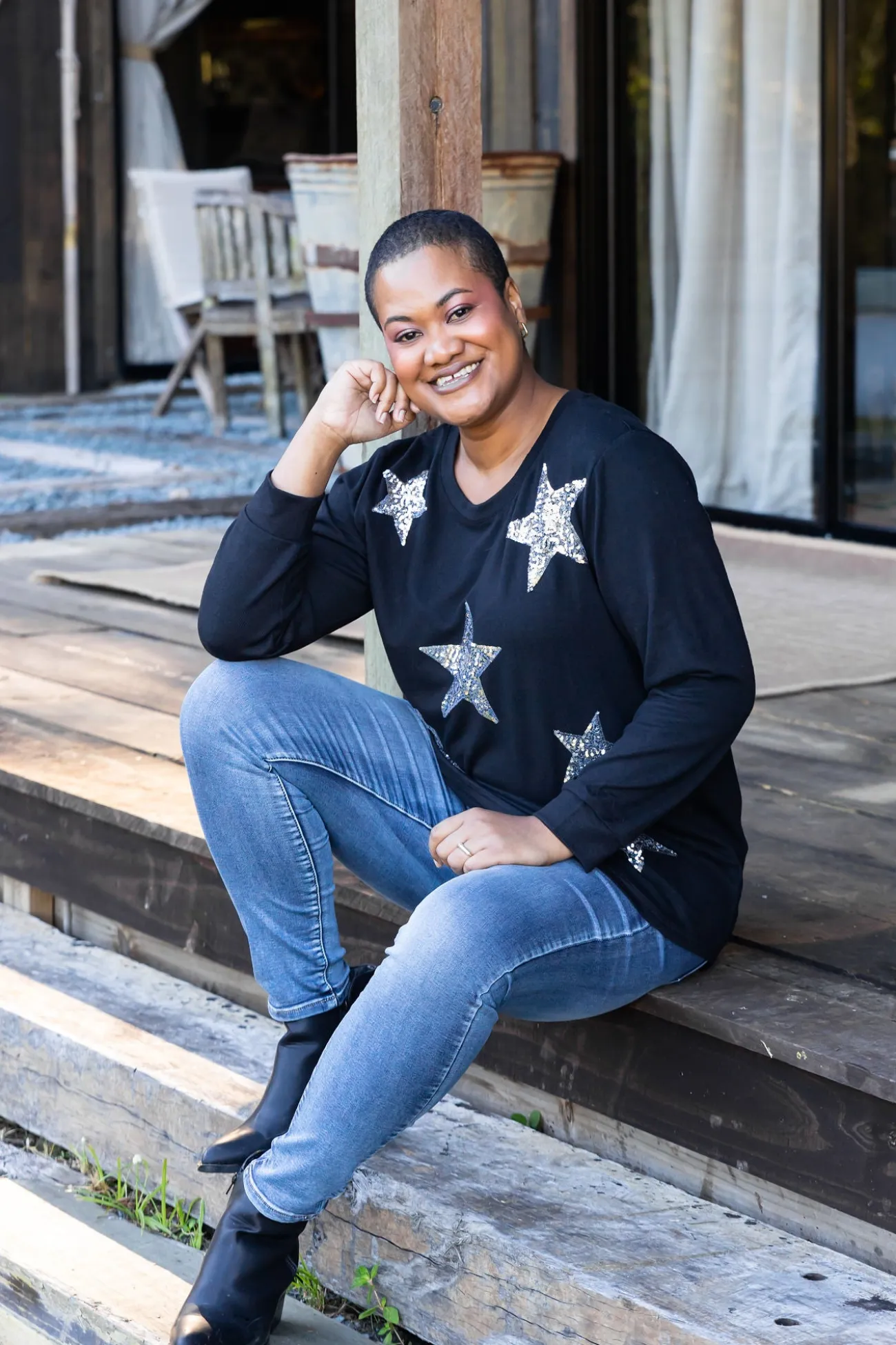Proud Poppy Clothing Harriet Star Sequin Knit Top in Black KnitTopinBlack Sale