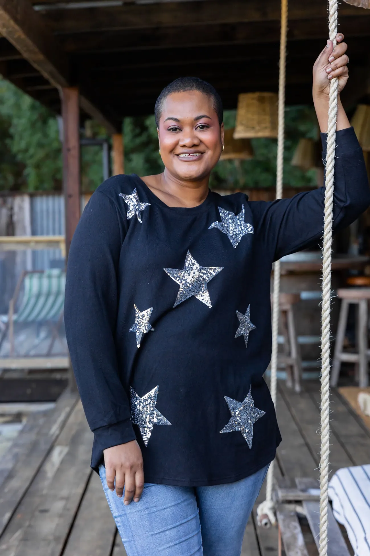 Proud Poppy Clothing Harriet Star Sequin Knit Top in Black KnitTopinBlack Sale