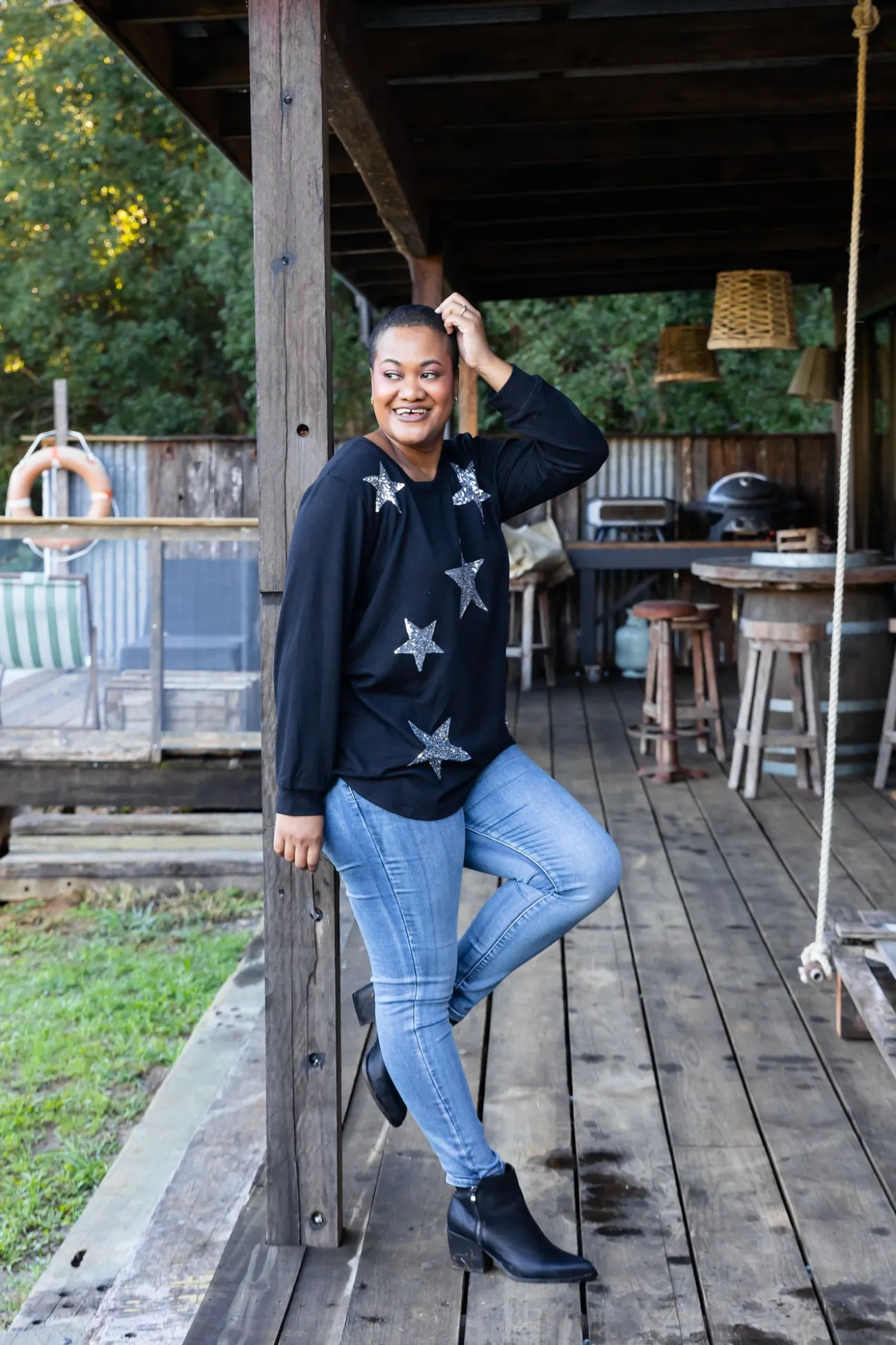 Proud Poppy Clothing Harriet Star Sequin Knit Top in Black KnitTopinBlack Sale