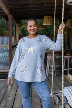 Proud Poppy Clothing Harriet Star Sequin Knit Top in Grey KnitTopinGrey Clearance