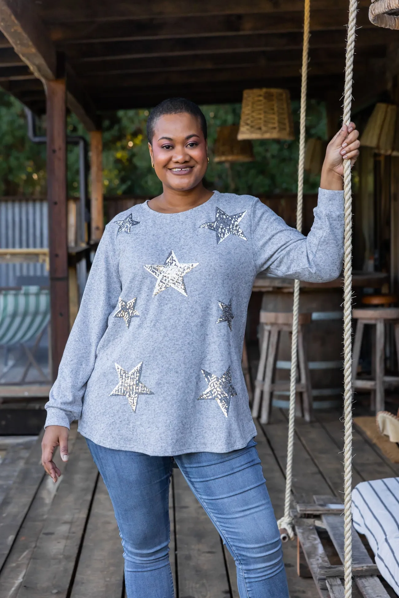 Proud Poppy Clothing Harriet Star Sequin Knit Top in Grey KnitTopinGrey Clearance