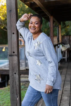 Proud Poppy Clothing Harriet Star Sequin Knit Top in Grey KnitTopinGrey Clearance