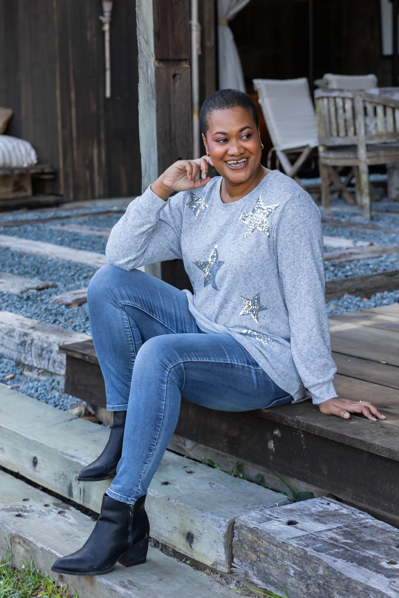 Proud Poppy Clothing Harriet Star Sequin Knit Top in Grey KnitTopinGrey Clearance
