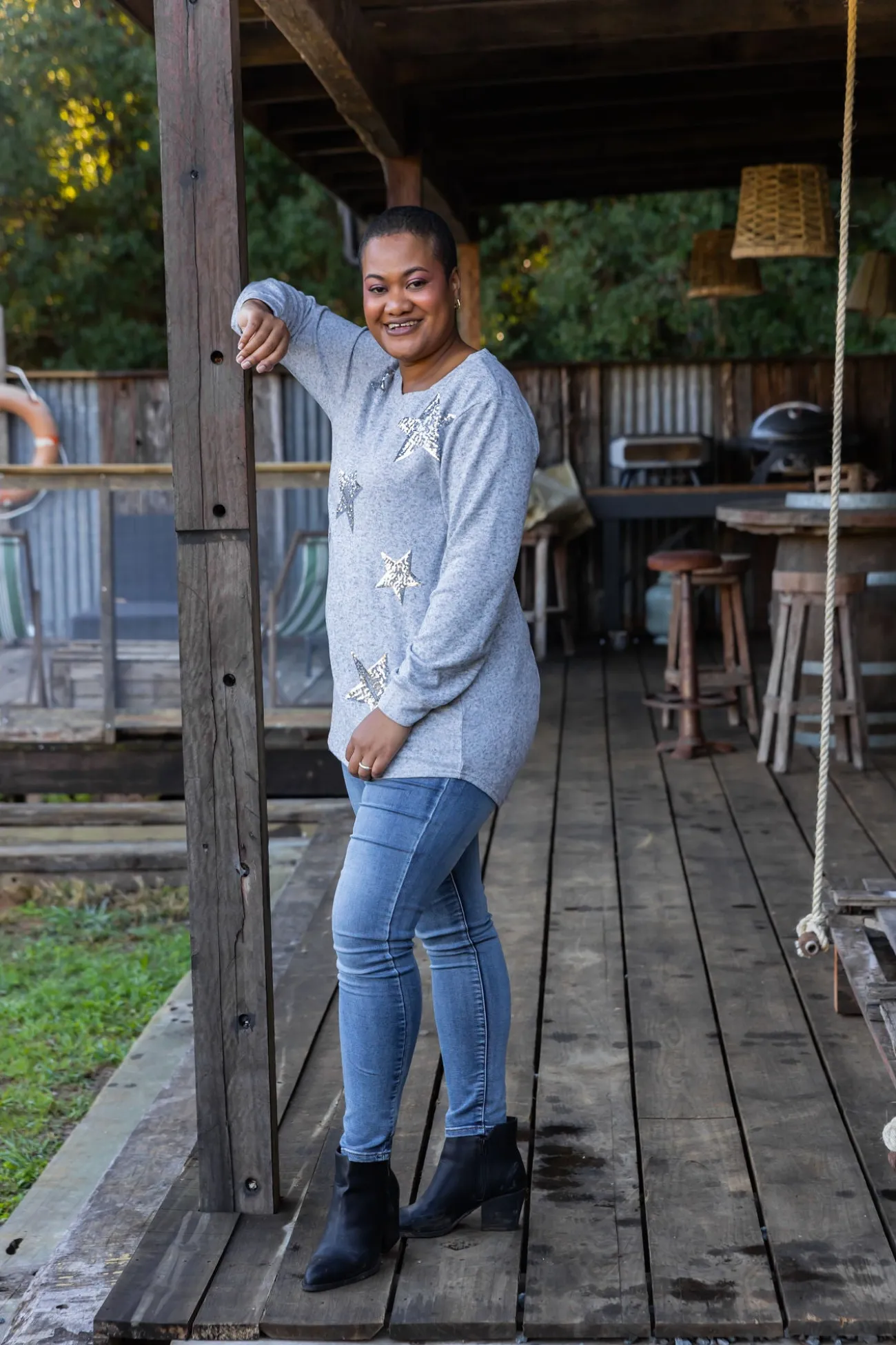 Proud Poppy Clothing Harriet Star Sequin Knit Top in Grey KnitTopinGrey Clearance