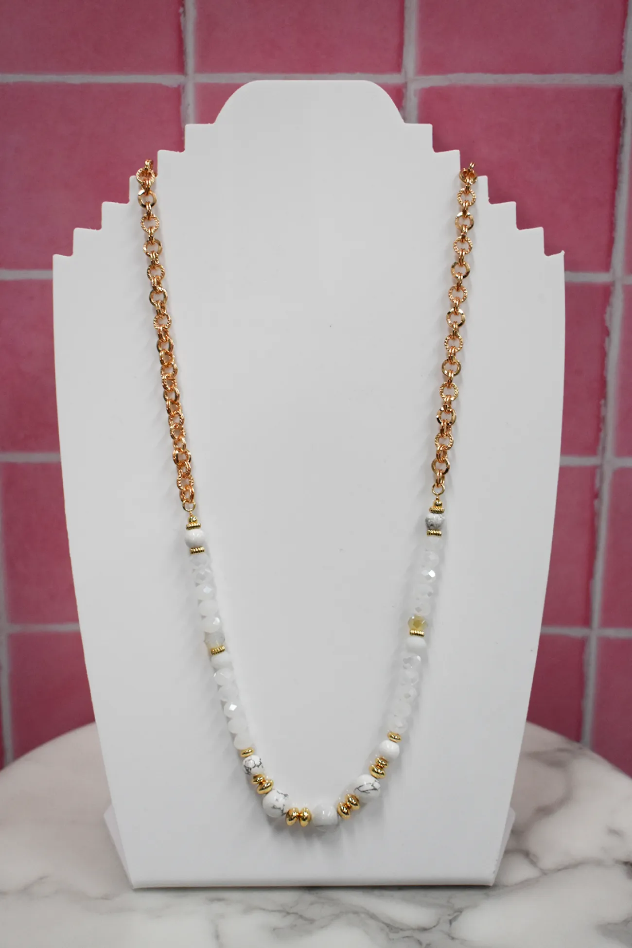 Proud Poppy Clothing Long Bead and Chain Necklace in White NecklaceinWhite Online