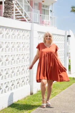 Proud Poppy Clothing Peak Frill Party Dress in Rust New