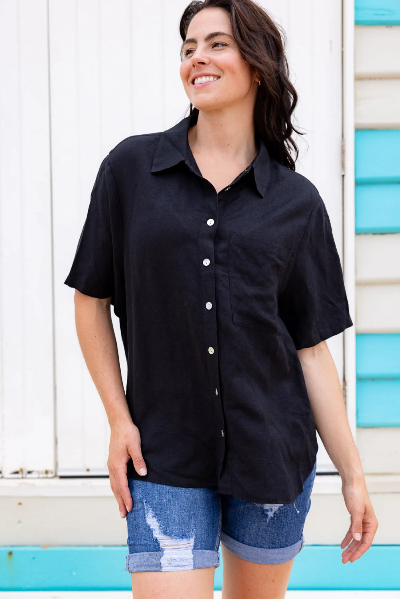 Proud Poppy Clothing Samara Linen Blend Shirt in Black Discount