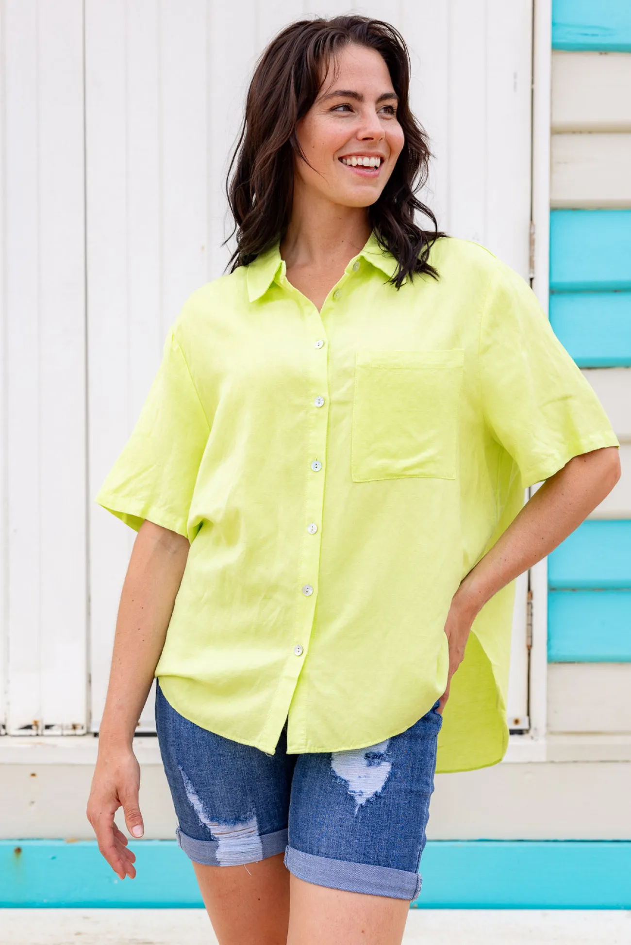 Proud Poppy Clothing Samara Linen Blend Shirt in Lime Clearance