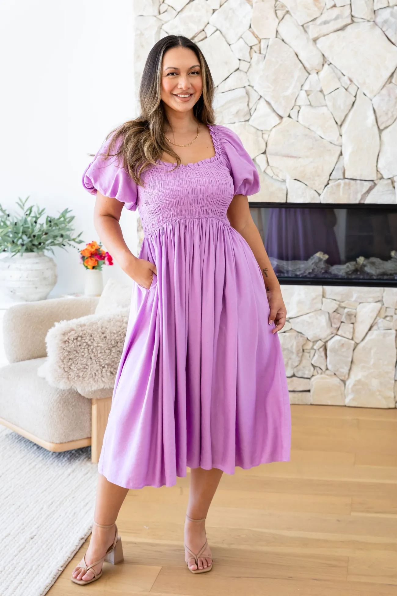 Proud Poppy Clothing Stelle Linen Blend Midi Dress in Berry Best
