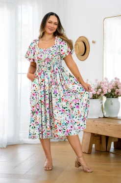 Proud Poppy Clothing Stelle Linen Blend Midi Dress in Rose Fleur RoseFleur Best