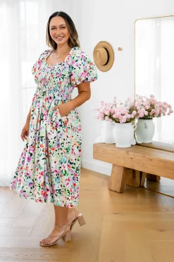 Proud Poppy Clothing Stelle Linen Blend Midi Dress in Rose Fleur RoseFleur Best