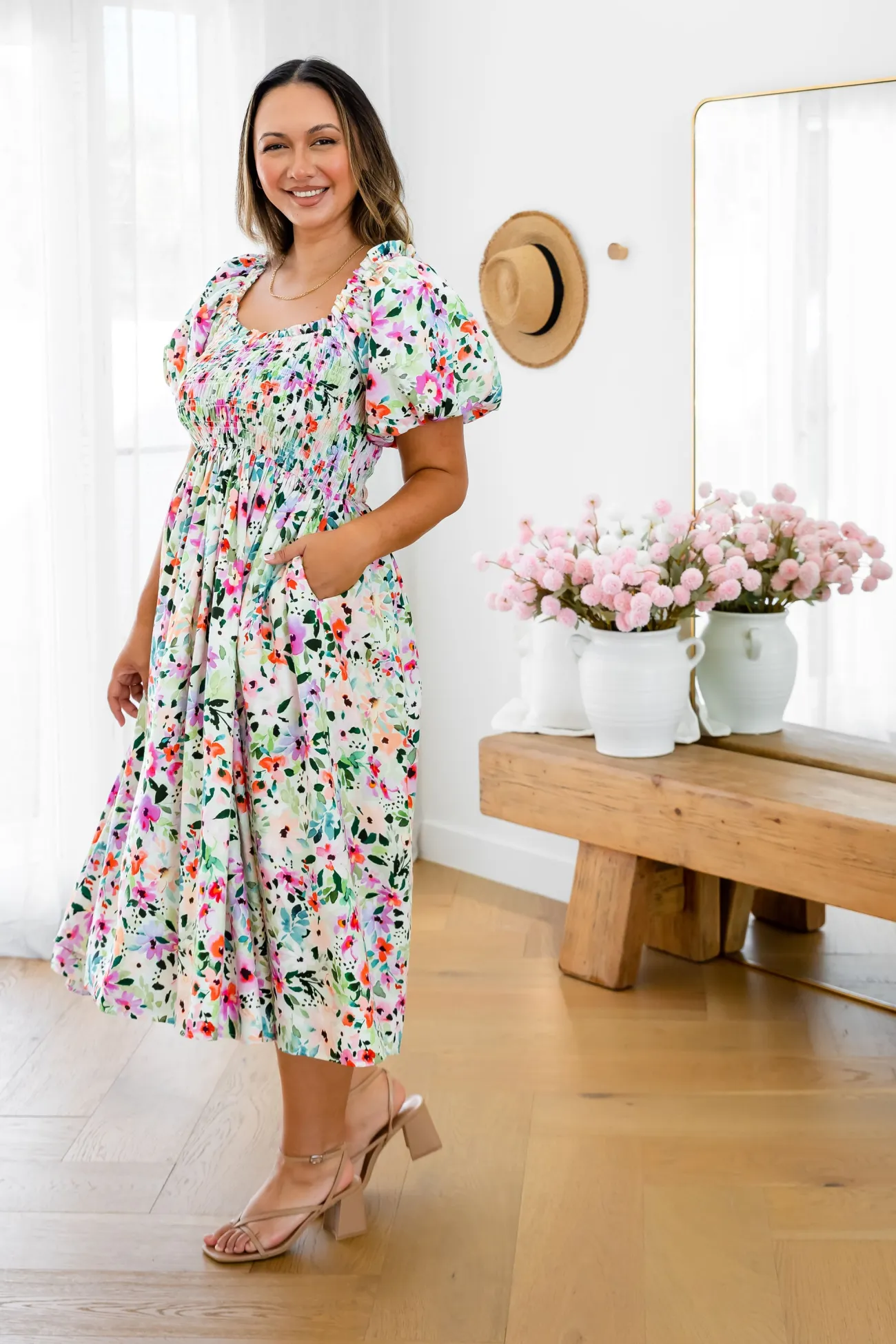 Proud Poppy Clothing Stelle Linen Blend Midi Dress in Rose Fleur RoseFleur Best