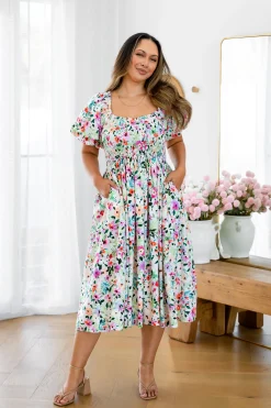 Proud Poppy Clothing Stelle Linen Blend Midi Dress in Rose Fleur RoseFleur Best