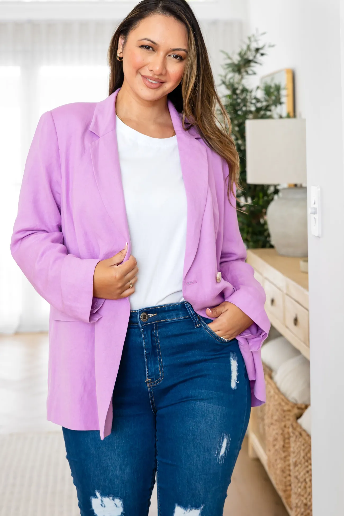 Proud Poppy Clothing Tammy Linen Blend Blazer in Berry Outlet