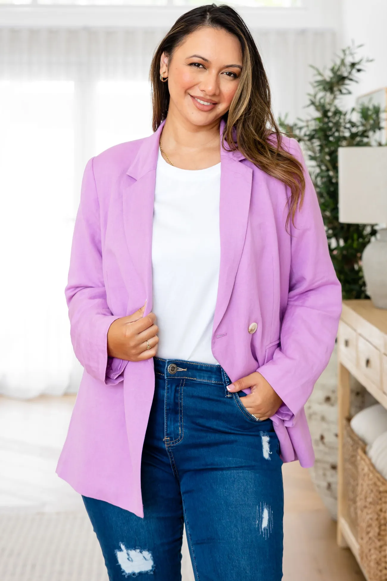 Proud Poppy Clothing Tammy Linen Blend Blazer in Berry Outlet
